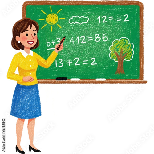 Smiling teacher instructing students, writing math equations and drawings on a chalkboard.