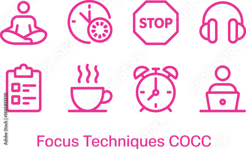 Set of Magenta Line Art Icons Yoga, Clock, Stop, Headphones, Laptop, Tea Cup, Timer