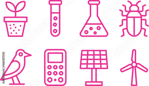 Set of pink line art icons featuring plant, test tube, bug, solar panel, bird, calculator