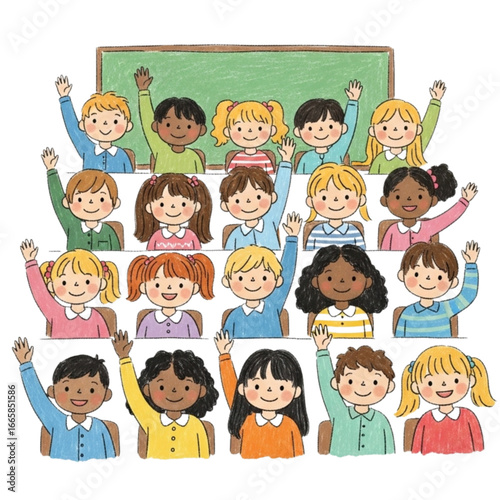 Diverse group of children in a classroom, all with hands raised, eager to participate in class.