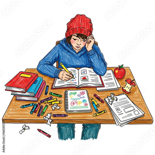 A young person engrossed in studying, surrounded by books, papers, and colorful supplies, highlighting a focused learning environment.
