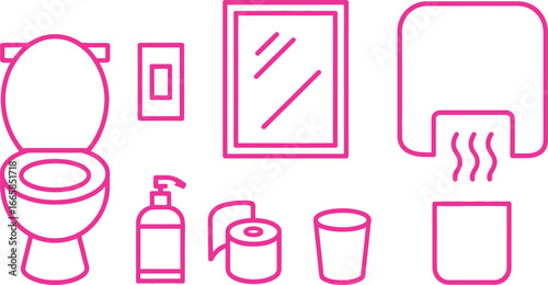 Simple Pink Outline Bathroom Icons Toilet, Mirror, Soap, Tissue, Cup, & Hand Dryer