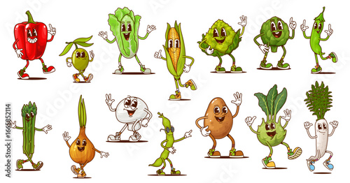 Cartoon groovy vegetable and bean characters, cute hippie vegetarian food. Psychedelic groovy onion, pepper, radish, olive and mushroom vector personages. Funny corn, asparagus and cabbage vegetables