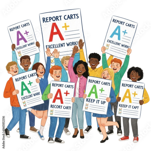 Excited children celebrating good grades with report cards and achievement certificates.