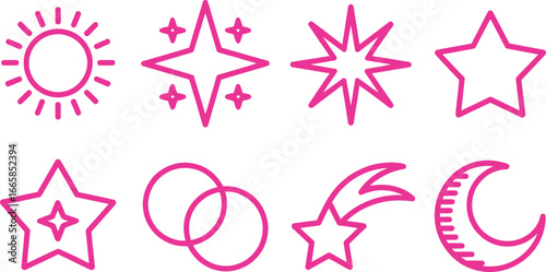 Sun Star Moon Pink Icons Set on White Overlapping Circles, Cosmic Line Art