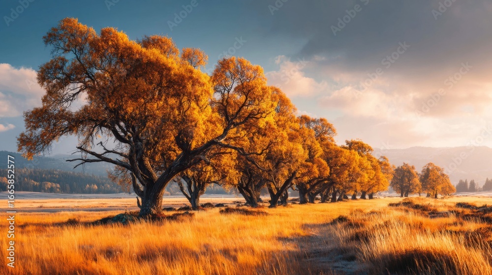 Fototapeta premium Golden Autumn Trees in a Field at Sunrise