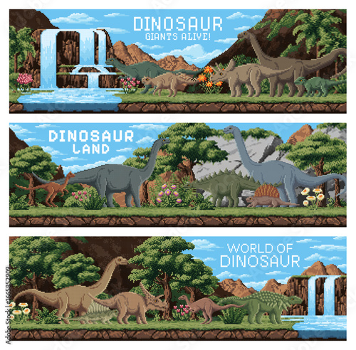 8bit pixel horizontal banners with prehistoric dinosaurs. Dino world land featuring dino animal species. Vector retro gaming Jurassic park cards with ancient reptiles in terrestrial environments