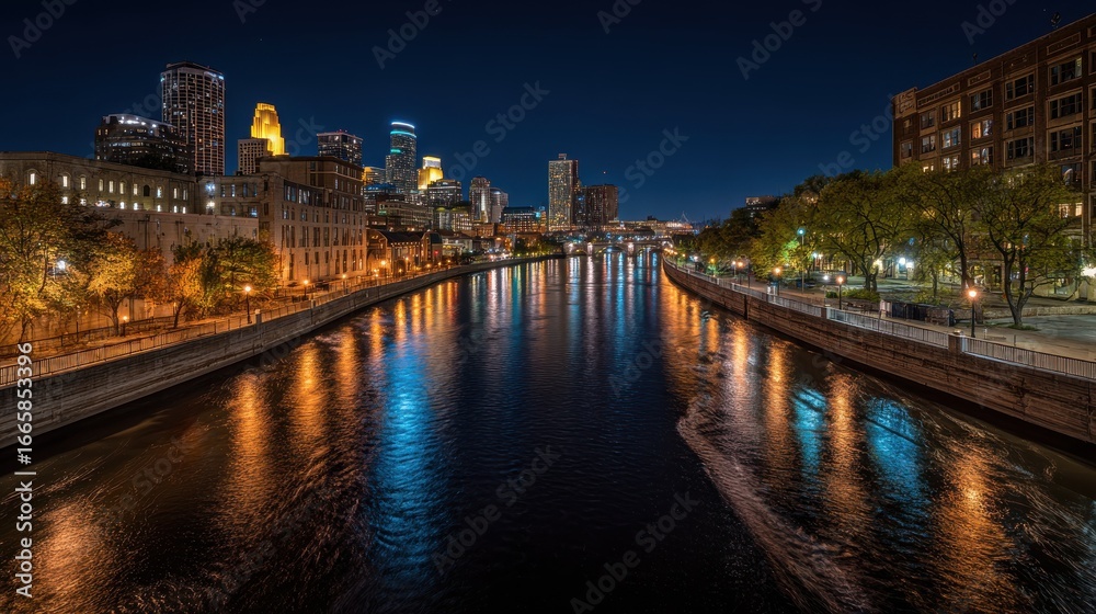 Naklejka premium view of the mississippi river from the stone arch bridge at night in minneapolis minnesota no logos no brands ar 169