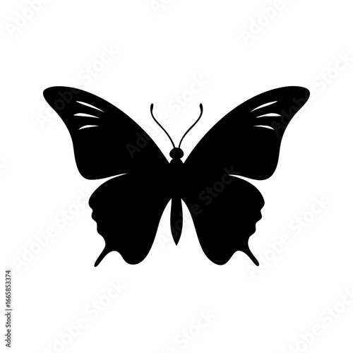 Simple Black Silhouette of a Butterfly. Monarch butterfly flat black color silhouette on a white background. Black butterfly wings insect nature design illustration vector graphic silhouette art.