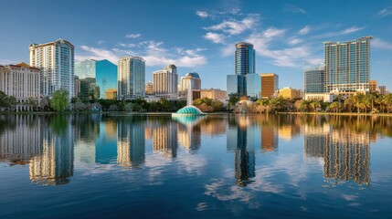 orlando florida usa downtown city skyline on eola lake no logos no brands ar 169