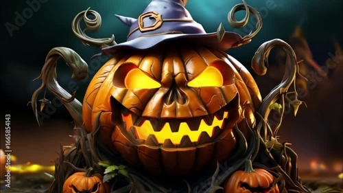 Big scary pumpkin for celebration holiday Halloween, abstract vivid composition consists of fictional unreal fantastic vision on background