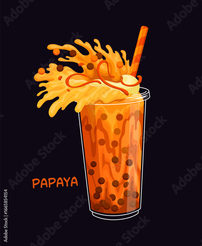 Cartoon milk bubble tea glass with bright splashes and fruits of papaya flavor, vector dessert drink. Milk bubble tea cup with drinking straw and splash of papaya fruit juice for sweet drink menu