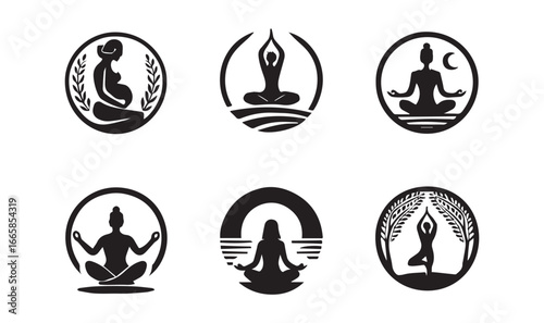 Six black yoga meditation icons with nature and pregnancy themes silhouette symbol