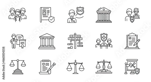  Law justice and court Arrest of the criminal defense of the accused and verdict of punishment. Outline icon 