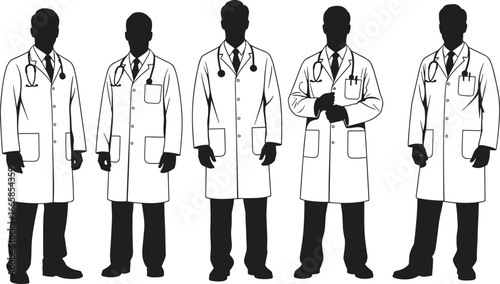 Group of male doctors standing in medical uniforms, professional healthcare team, medical staff with stethoscopes, hospital doctors, health professionals