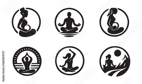 Six black silhouette icons of people meditating and pregnant women yoga meditation