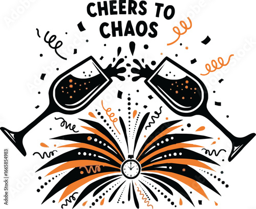 Two champagne glasses toasting with a splash, confetti, streamers, and a clock with fireworks, celebrating chaos.