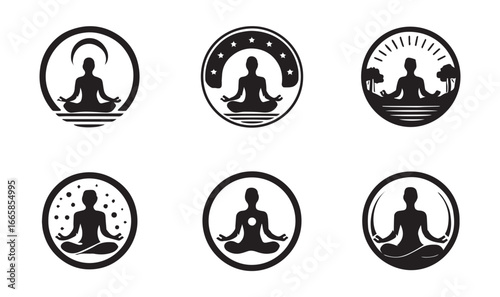 Six black silhouette yoga meditation icons in circles vector 1