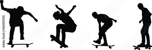 Silhouette of skateboarders performing tricks, urban extreme sport scene, isolated on white background, dynamic motion, youth lifestyle captured