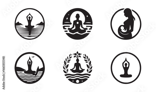 Six black silhouette icons of yoga meditation and pregnancy vector