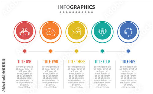 Vector Infographic design with icons. process diagram, flow chart, info graph, Infographics for business concept, presentations banner, workflow layout. 5 options or 5 steps. Horizontal Steps