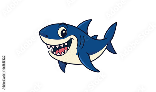 Cute cartoon blue shark with wide open mouth and sharp teeth animal