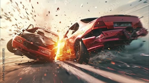 Collision of vehicles involved in major accident on city road with major damage, abstract vivid composition consists of fictional unreal fantastic vision on background