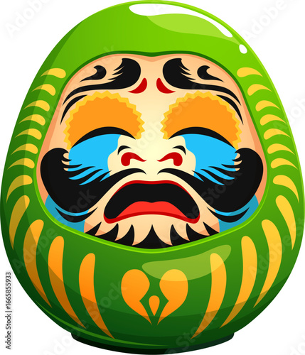 Japanese daruma doll funny face mask of Japan culture or Bodhidharma, cartoon vector. Green daruma doll with whining or crying emotion face, symbol of health, wellbeing and vigour in Japanese art