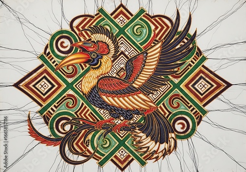 Hornbill Painting with Ornamental Background