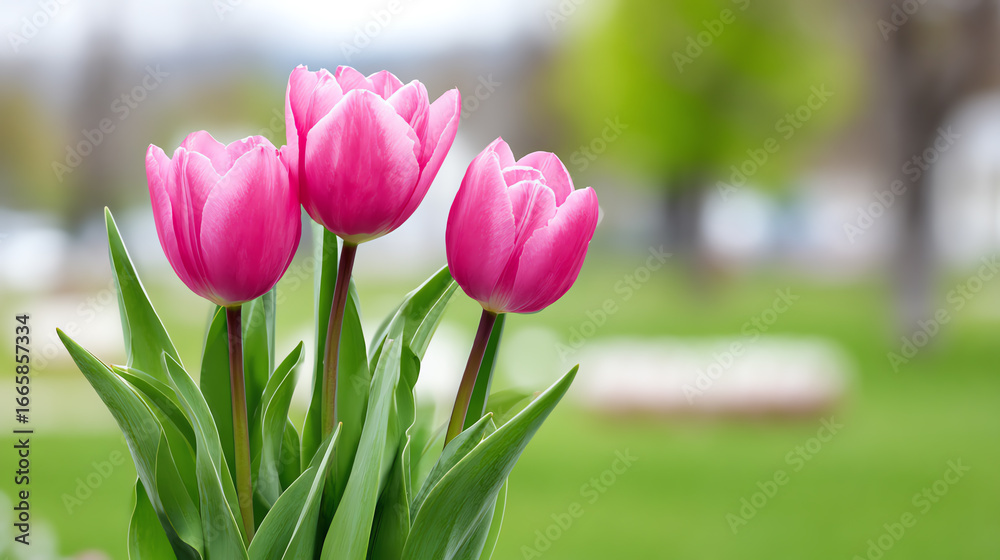 Fototapeta premium Beautiful pink tulips bloom vibrantly in a lush green garden, symbolizing spring and renewal.