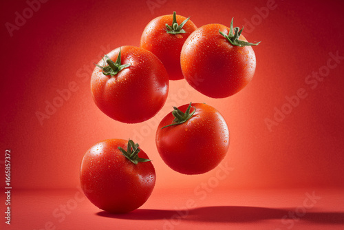 Tomatoes floating on red background