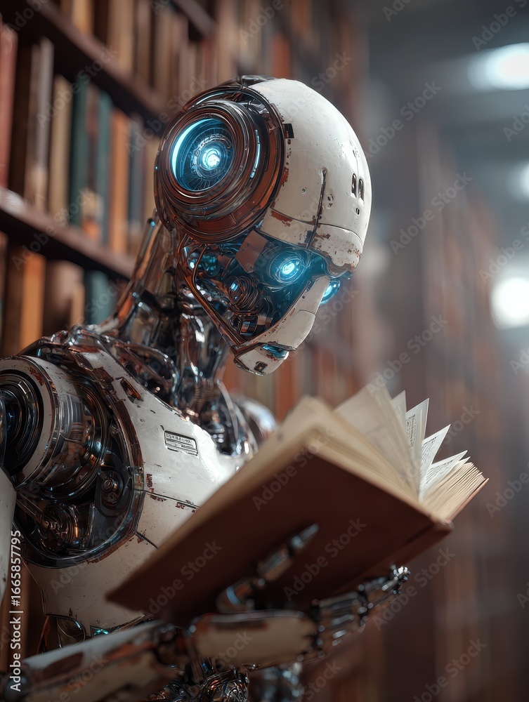 Fototapeta premium intelligent robot with glowing blue eyes intently reading an open book in a vast library