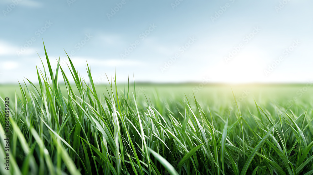 Fototapeta premium Lush green grass blades sway gently in the breeze under a clear blue sky, capturing the essence of nature's beauty.