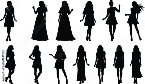 Silhouettes of fashionable women in dresses, walking and posing, elegant female figures, modern fashion concept, beauty, style, vector illustration