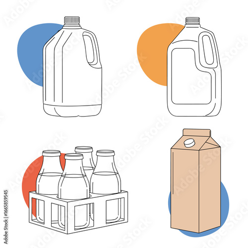 Collection of various liquid beverage container illustrations including plastic jugs glass bottles and cartons