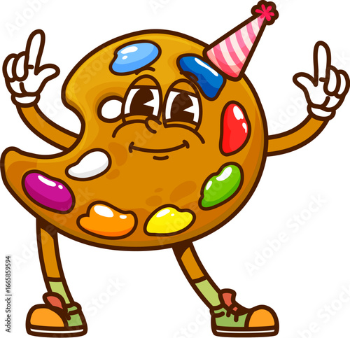 Cartoon groovy color palette school stationery character wearing party hat. Vector educational diy personage captures funky and creative mood with cheerful expression, promoting creativity and arts