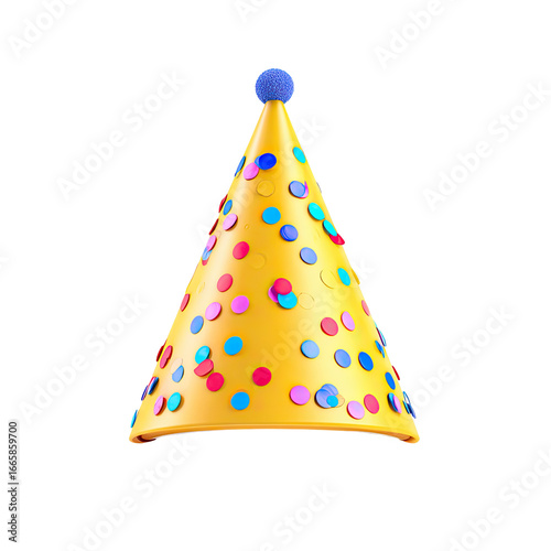 3D-rendered yellow party hat with colorful confetti and blue pom-pom, isolated