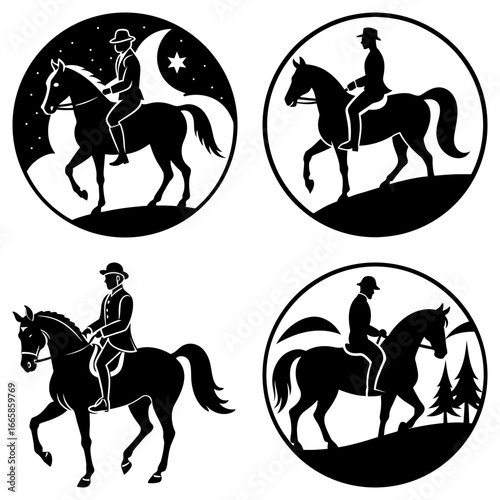 Four circular horse riding scenes depicting riders on horses in different environments and settings