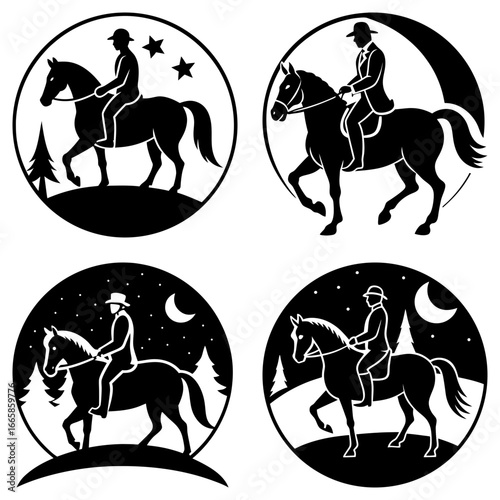 Four circular equestrian scenes featuring a rider on horseback under various celestial conditions and landscapes