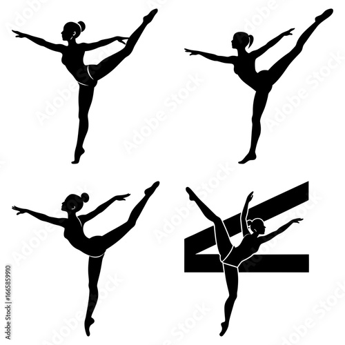 Four silhouettes of female dancers in various ballet poses against a white plain background art piece