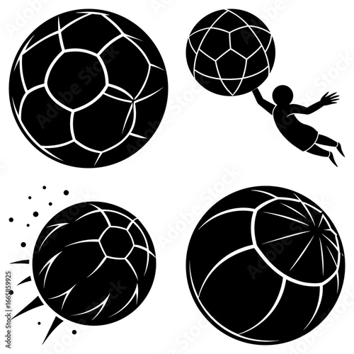 Illustration of a soccer player catching a ball and other soccer balls in different positions in black