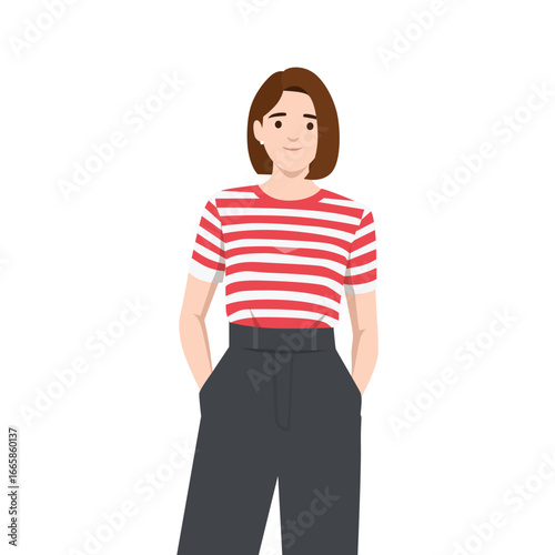 Woman wearing a red and white striped t-shirt paired with high waist black pants, standing with hands in pockets. Flat vector illustration isolated on white background