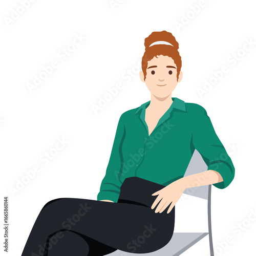 Woman with tied hair wearing a green blouse and black pants, sitting casually on a chair. Flat vector illustration isolated on white background