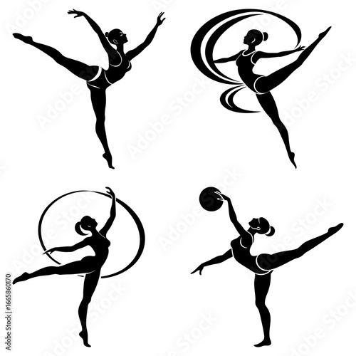 Silhouette collection of rhythmic gymnasts performing with various apparatus in black and white style