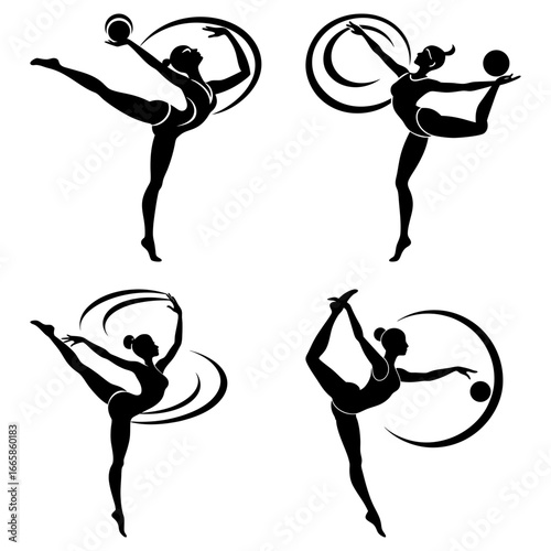 Four silhouettes of female gymnasts performing rhythmic gymnastics with a ball and ribbon element design