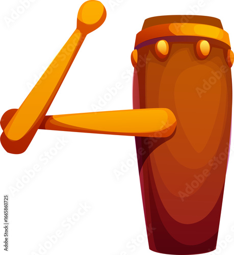 Cartoon number four math symbol shaped from a pair of drumsticks and a wooden conga drum instrument. Vector musical font digit 4, music typeface, entertainment funny type, alphabet representing rhythm
