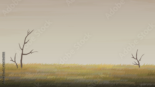 Autumn Dry Grass Field with Bare Trees Illustration in Realistic Style