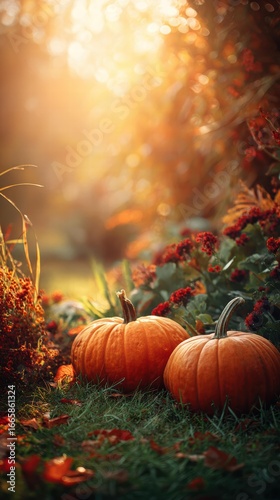 Pumpkin-filled autumn forest with red leaves under golden sunlight for Thanksgiving farm scene.