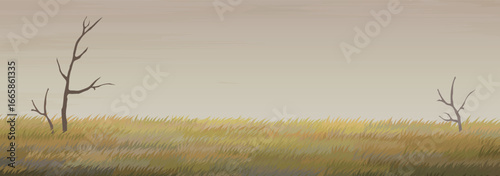 Hand-drawn vector illustration of a lonely autumn field with dry grass and bare trees under a cloudy sky banner