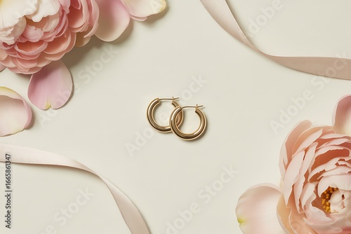 Gold Hoop Earrings with Blush Peony Petals and Silk Ribbon on an Ivory Background